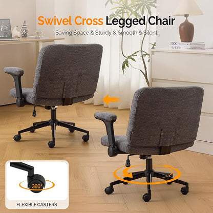 VINGLI Criss Cross Chair with Adjustable Flip-Up Arms,Cross Legged Chair with Wheels,Extra Wide Office Chair,Desk Chair for Home Office,Vanity,Bedroom, Apartment,Starry Chenille,Dark Grey