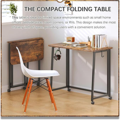 4NM 31.5" Mobile Small Folding Desk, Foldable Rolling Computer Home Office Desk, Study Writing Table for Small Space Saving Bedroom, with Wheels - Rustic Brown and Black