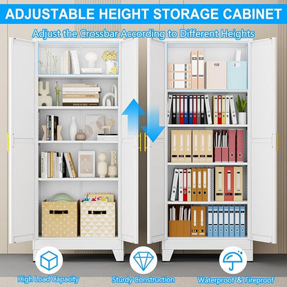 pozdeg 71" Tall Metal Storage Cabinet with 2 Doors & 4 Adjustable Shelves, Steel File Cabinet Multipurpose Organizer for Home Office Garage (White)