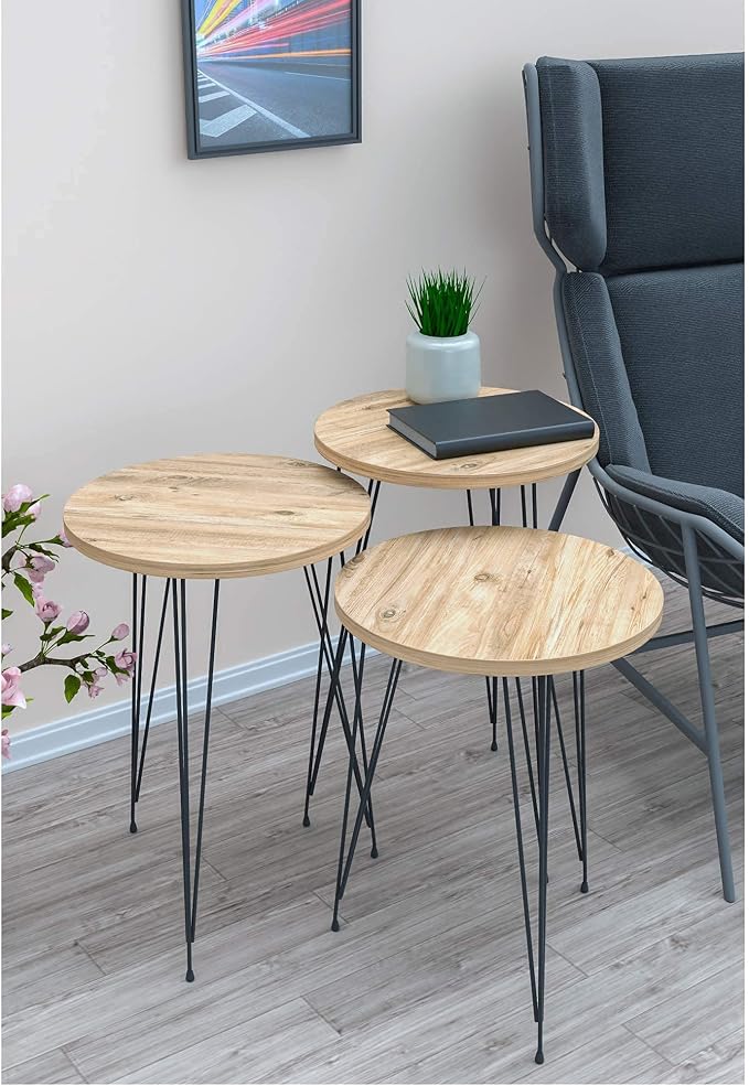 Set of 3 Pine Wood Nesting End Tables Round Wood Stacking Coffee Side Accent Table with Metal Legs for Living Room, Home Office, Nightstands for Bedroom