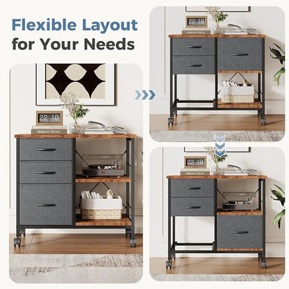 DUMOS 3 Drawer Mobile File Cabinet, Freestanding Fabric Lateral Filing Cabinet Fits A4/Letter Size, Space Saving Rolling Printer Stand with X-Frame and Open Storage Shelf for Home Office, Grey