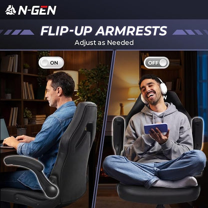 N-GEN Video Gaming Computer Chair Ergonomic Desk Office Chair for Adults with Lumbar Support Flip-Up Arms Adjustable Height Swivel Wheels PU Leather Executive Design for Home and Office (Jet Black)