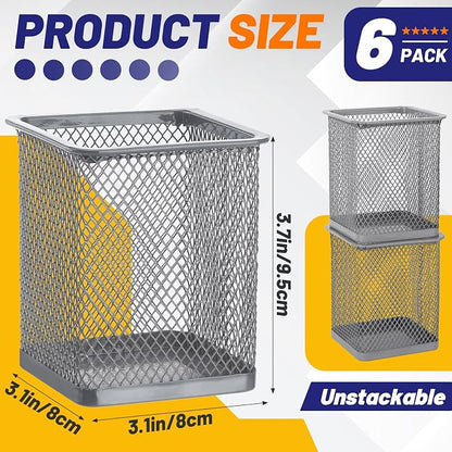 Segarty Pen Cup Holder, 6 Pack Square Silver Pen Holder for Desk, Multifuntional Mesh Pencil Cups Containers for Marker, Office Supplies, School Students, Home Desktop, Brush Organizer