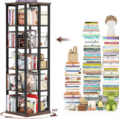 Aheaplus Rotating Bookshelf, Corner Bookcase, 360 Display Wood Spinning Bookshelves, Floor Standing Bookcase Narrow Shelf,5 Tiers, Rustic Brown