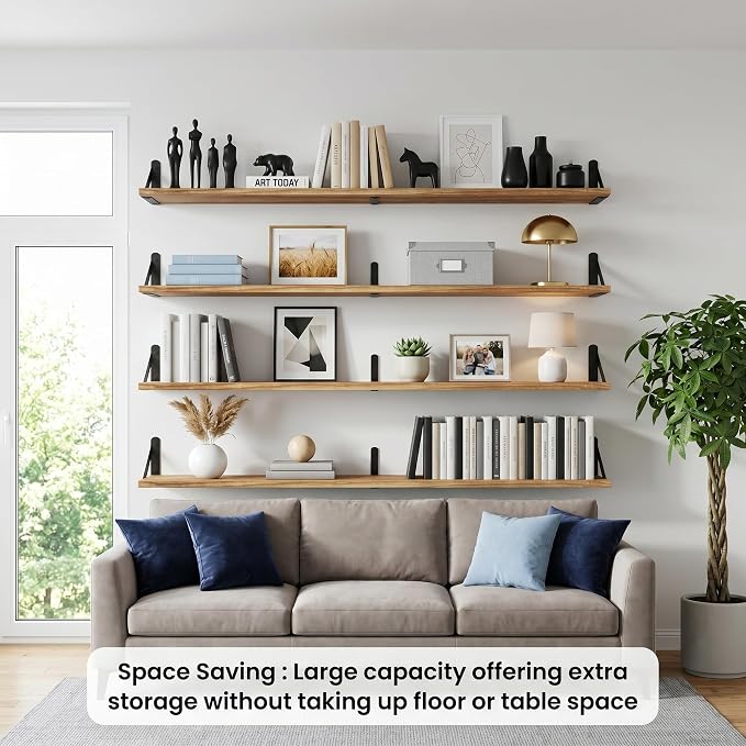 Long Wall Shelf,Large Floating Shelves for Wall,Wood Floating Bookshelves Hanging,Book Storage Display for Living Room Bedroom Office Bathroom Decor,4 Pack,47 Inch,Carbonized Black