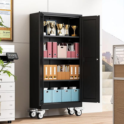 winiowa 61" Tall Metal Garage Storage Cabinet with Wheels, Steel Locking Rolling Tool Cabinet with 3 Adjustable Shelves for Garage,Home,Office (Black)
