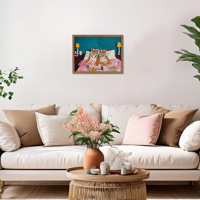 Framed Tiger Pizza Wall Art, Dopamine Wall Decor Canvas Print, Vintage Fun Tiger Eating Pizza in Bed Poster, Abstract Animal Picture Painting Art for Bedroom Living Room Home Decor 16x24 inch