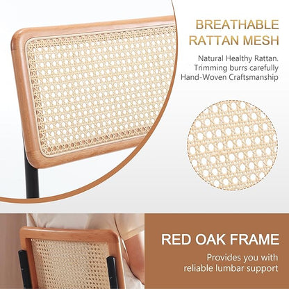 Zesthouse Rattan Desk Chair No Wheels, Mid Century Modern Home Office Chair with Cane Mesh & Wooden Back, Vintage Faux Leather Swivel Accent Chair, Upholstered Armless Computer Task Chair,Brown