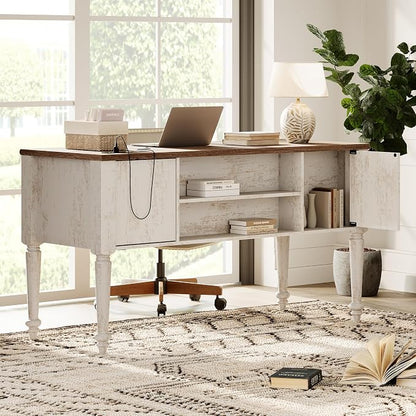 WAMPAT Home Office Furniture Set, 56" Executive Desk with Charging Station, 72" Tall Bookcase with 3 Drawers, Wood Computer Desk with File Cabinet, Open Shelf, Rustic White