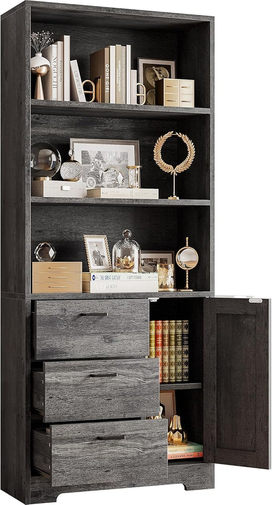IRONCK Bookshelf with Doors and 3 Drawers 71 in Tall Bookcase with 3-Tier Shelves, Industrial Book Shelf with Storage for Living Room Entrance Hallway Home Office