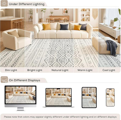 Nakagishi Area Rug Living Room Rugs: 7x9 Large Soft Machine Washable Boho Moroccan FarmNeutral Stain Resistant Indoor Floor Carpet for Bedroom Under Dining Table Home Office Decor-Grey