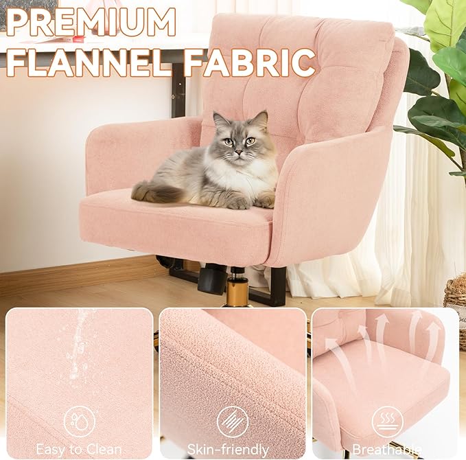 Flannel Office Chair, Comfy Home Office Desk Chairs with Lumbar Support, Modern Velvet Desk Chair Gold Legs Small Swivel Task Chair for Home Office, Bedroom, Study (Pink, L)