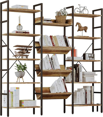 IRONCK Bookshelf, Bookshelves and Bookcases, Triple Wide 5 Tiers Book Shelf with Baffles, Industrial Bookshelf with Metal Frame for Living Room, Home Office