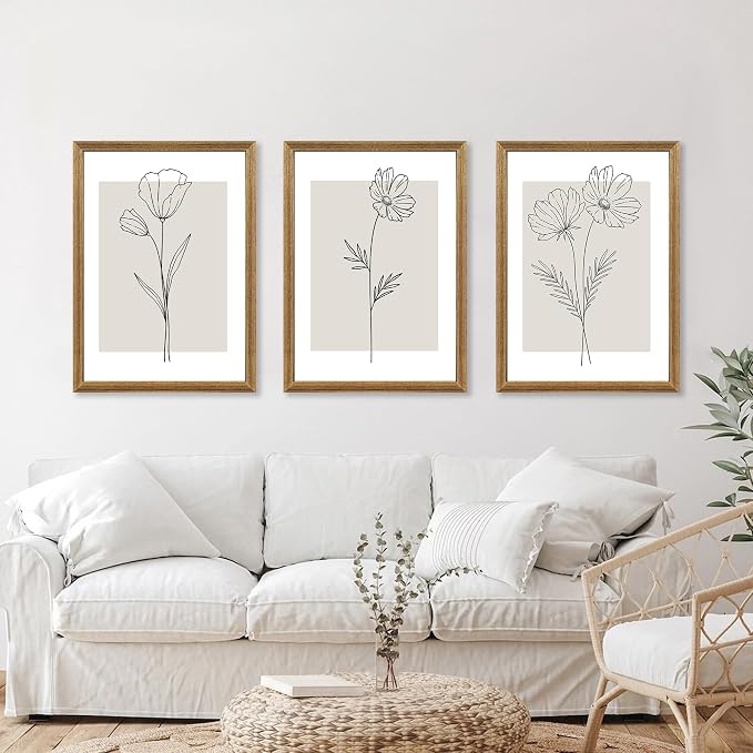 ICHZUMW Neutral Botanical Floral Wall Art, Black and White Farmhouse Flowers Wall Decor, Modern Minimalist Line Art Canvas Prints, Beige Artwork, Living Room Bedroom Home Office, Set of 3, 16x24in