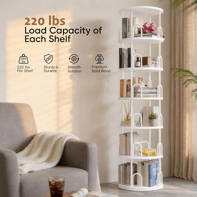 6 Tier Rotating Bookshelf Tower, Standing Tall Corner Wood, White Metal Modern Book Shelf Organizer Retro Vintage Rustic Modern Large Bookshelf Book Display Furniture for Your Home, Office, Kids