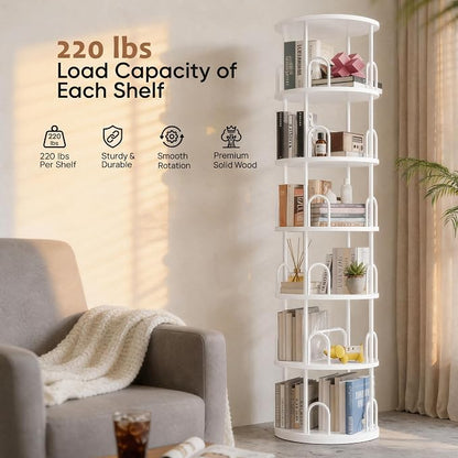 6 Tier Rotating Bookshelf Tower, Standing Tall Corner Wood, White Metal Modern Book Shelf Organizer Retro Vintage Rustic Modern Large Bookshelf Book Display Furniture for Your Home, Office, Kids