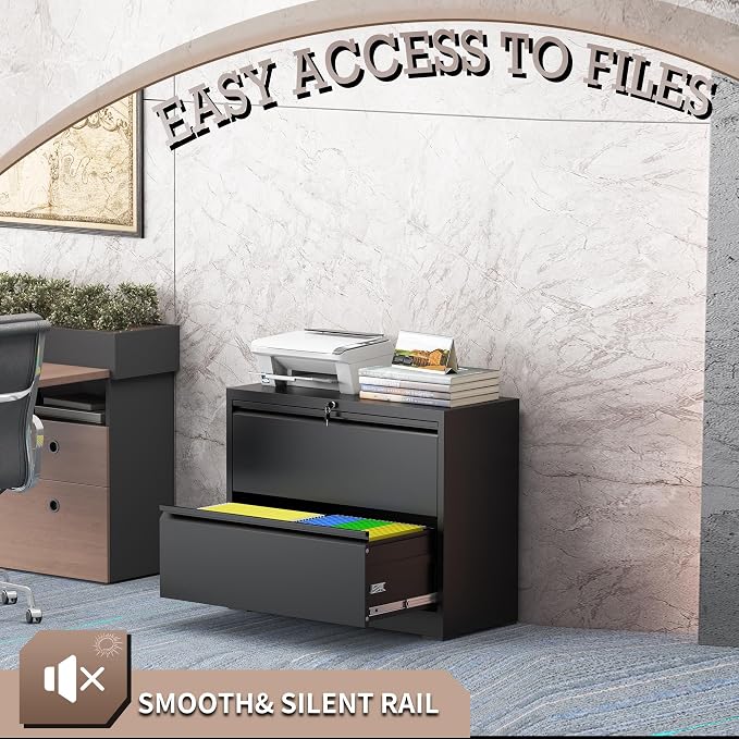 2 Drawer File Cabinet, Lateral File Cabinet with Lock, Metal Lateral Filing Cabinets for Home Office, File Storage Cabinet for Legal/Letter/A4 Documents, Assembly Required (Black, 35'W)