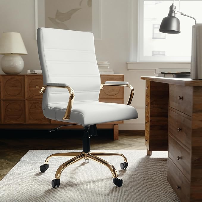 EMMA + OLIVER Faux Leather High-Back Swivel Home Office Desk Chair with Wheels, Padded Seat, and Armrests, Adjustable Height Multipurpose Office Chair, White/Gold