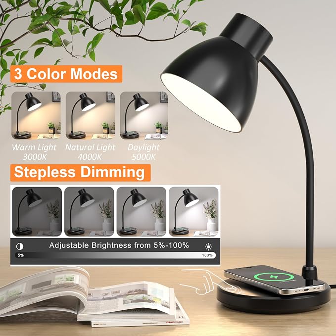 Desk Lamp with Wireless Charger, LED Desk Lamps for Home Office, 800 Lumens, Small Desk Lamp with Pen Holder, Flexible Arm, 3 Modes, Dimming, Touch Lamp for College Dorm Room