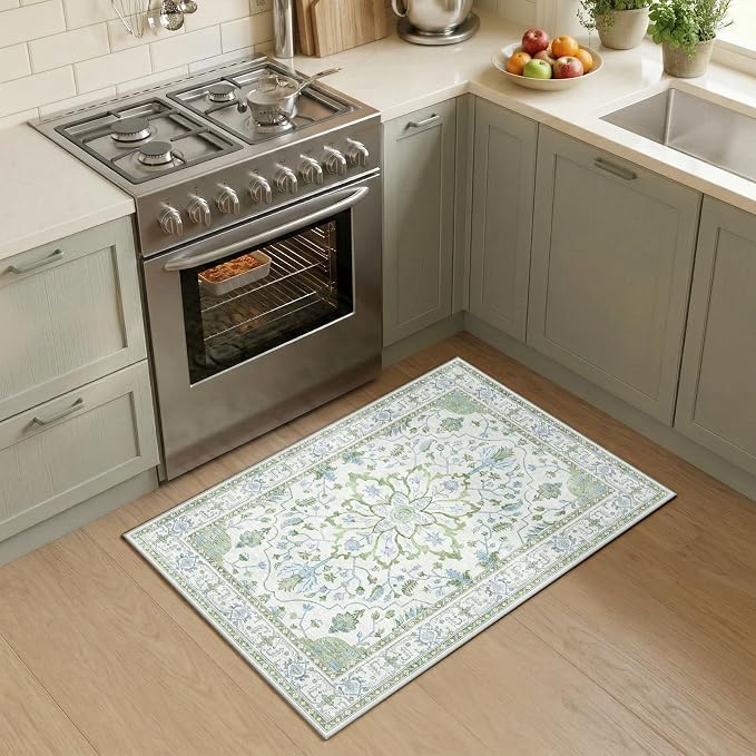 RELEANY Area Rugs Small 2'x4' Washable Non-Slip, Floral Vintage Distress Medallion Carpet for Kitchen Entryway Bathroom, Green White Blue