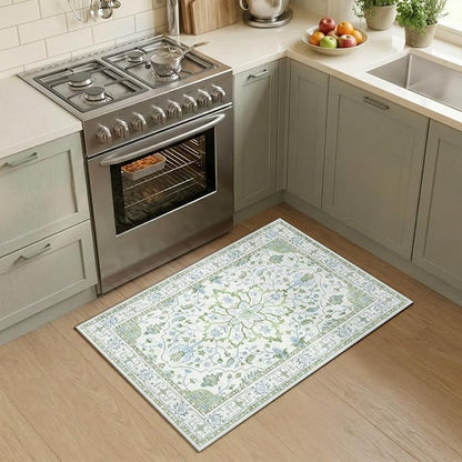 RELEANY Area Rugs Small 2'x4' Washable Non-Slip, Floral Vintage Distress Medallion Carpet for Kitchen Entryway Bathroom, Green White Blue
