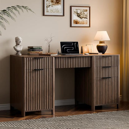 58" Fluted Home Office Desks with Storage, Modern Executive Desk Computer Desks with 5 Drawers & Cabinet, Wood Work Desk File Drawer for Office, Bedroom, Study, Living Room, Walnut