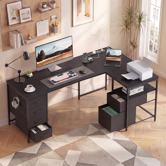 YOUDENOVA 55 Inch L Shaped Desk with Power Outlets & Type-C Port, Reversible Corner Computer Desk with 6 Drawers & File Cabinet, Large Workstation for Home Office, Gaming, Study, Black