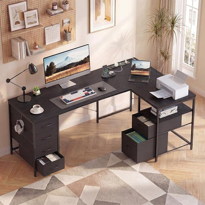 YOUDENOVA 55 Inch L Shaped Desk with Power Outlets & Type-C Port, Reversible Corner Computer Desk with 6 Drawers & File Cabinet, Large Workstation for Home Office, Gaming, Study, Black