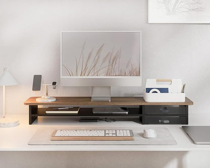 Fenge Monitor Stand, Dual Monitor Riser, 42.5inch Large Desk Computer Monitor Stand Riser with Drawer, 2 Tier Wood & Acrylic Desktop Organizer for Computer, Laptop, Printer, TV Screen Riser