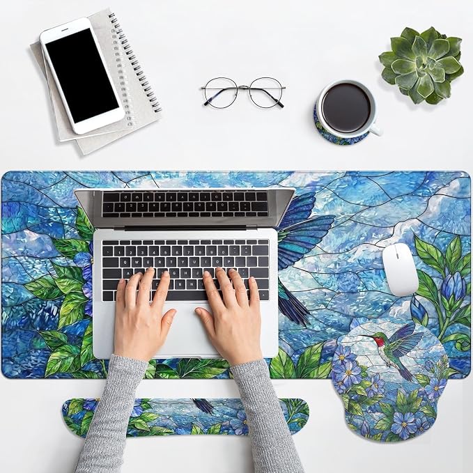 Britimes Floral Hummingbird Botanical Keyboard Mouse Pad Set Blue Nature 4in1 Large Mousepad+Keyboard Wrist Rest+Mouse Wrist Rest+Coaster Ergonomic Design for Home Office Computer 35.4x15.7 inches
