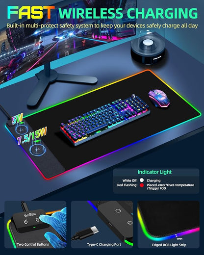 Mouse Pad with Wireless Charger, RGB Gaming Mousepad, 31.5"x15.7" Extra Large Desk Mat, 13 Light Modes, Ultra-Smooth Surface, Non-Slip Base, Waterproof Computer Keyboard Pad, Black with PD Adapter
