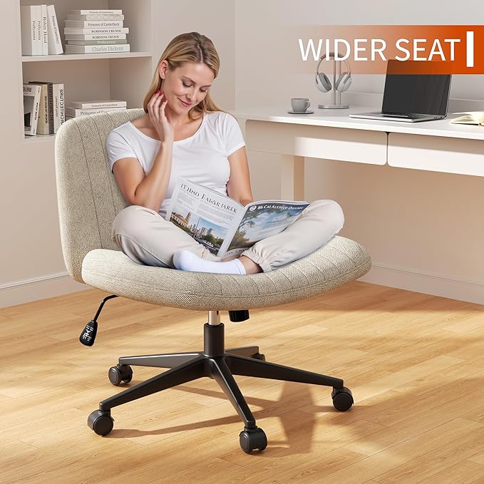 Criss Cross Chair with Wheels, 26" Wide Cross Legged Office Chair with Adjustable Height, Armless Fabric Swivel Vanity Chair for Home Office, Bedroom, Makeup & Long Hours Sitting (Beige)