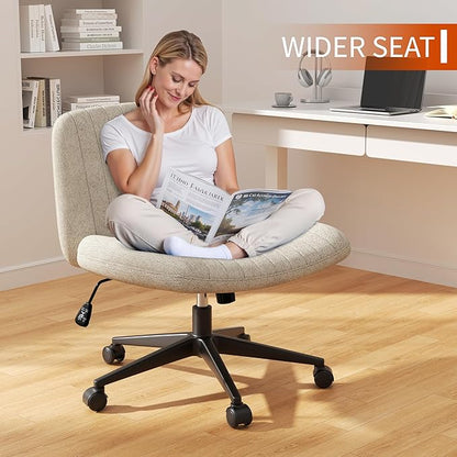 Criss Cross Chair with Wheels, 26" Wide Cross Legged Office Chair with Adjustable Height, Armless Fabric Swivel Vanity Chair for Home Office, Bedroom, Makeup & Long Hours Sitting (Beige)