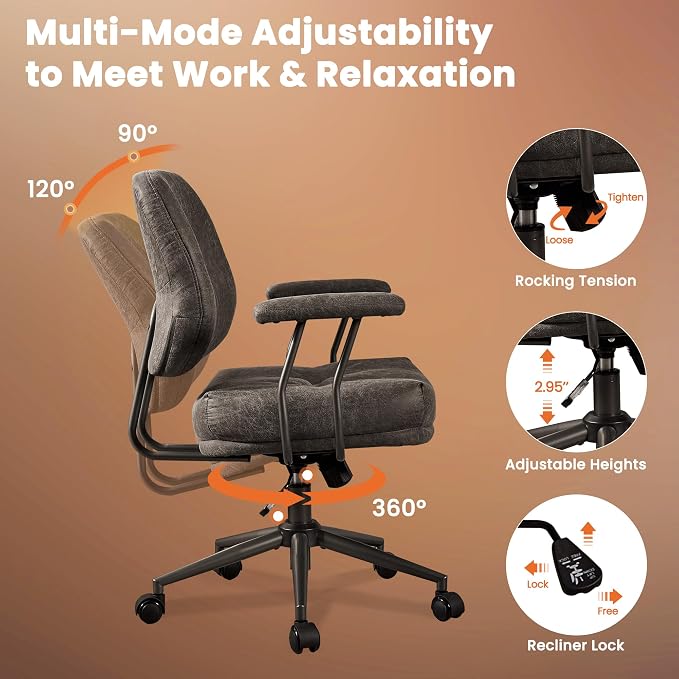 Leather Home Office Chair, Mid Back Ergonomic Desk Chair with Lumbar Support, Mid Century Modern Deep Seat Swivel Rocking Computer Chair, Dark Gray