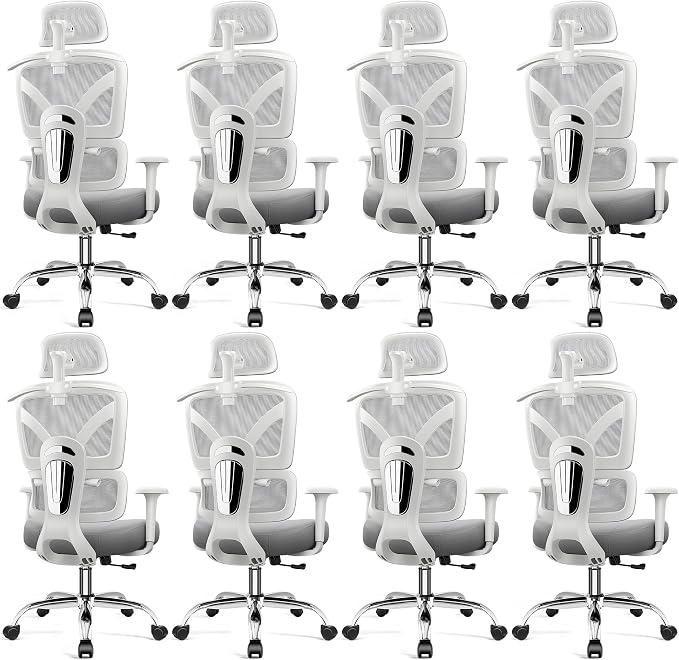 Ergonomic Office Desk Chair, High Back Mesh Office Chair with Adjustable Lumbar Support, 3D Headrest, Big and Tall Home Computer Desk Chairs Comfy for Work, Gaming, 300lbs, (Gray, 8 Pack)