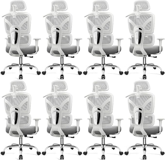 Ergonomic Office Desk Chair, High Back Mesh Office Chair with Adjustable Lumbar Support, 3D Headrest, Big and Tall Home Computer Desk Chairs Comfy for Work, Gaming, 300lbs, (Gray, 8 Pack)