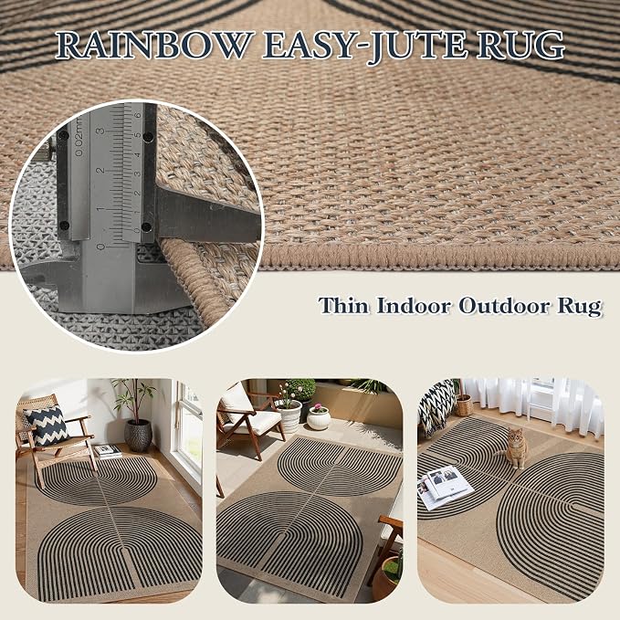 Lahome Enfys Modern Rainbow Easy Jute Office Rug, Outdoor Patio Rug 4x6 for Living Room Washable Carpet for Bedroom, Farmhouse Contemporary Non Slip Non Shedding Black Carpet for Backyard