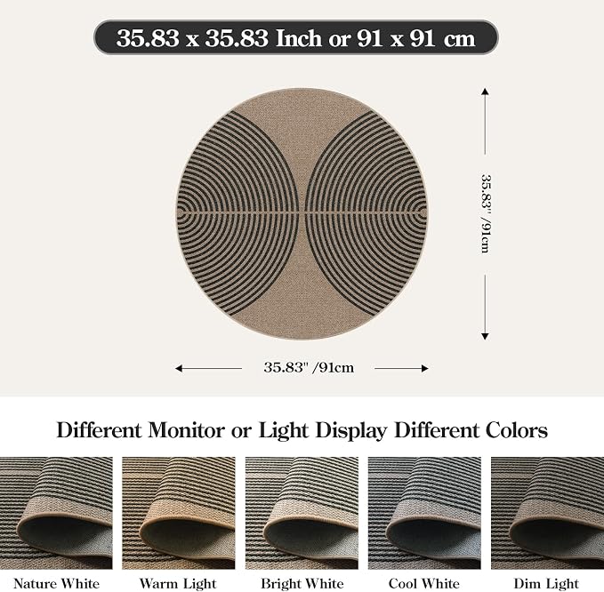 Lahome Enfys Modern Rainbow Round Rug, 3ft Small Washable Circle Carpet Natural Indoor Outdoor Patio Front Porch Rug, Farmhouse Non Slip Non Shedding Contemporary Round Mat for Entryway