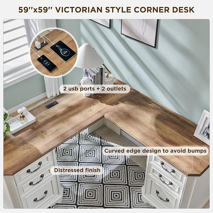 T4TREAM 59" Executive L Shaped Desk with Drawers,Farmhouse Wood Computer Corner Desk, Featuring Charging Station,File Drawer, Storage Cabinet,for Home Office Work and Study (Antique White)