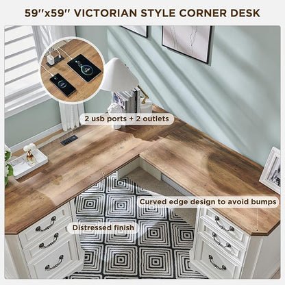 T4TREAM 59" Executive L Shaped Desk with Drawers,Farmhouse Wood Computer Corner Desk, Featuring Charging Station,File Drawer, Storage Cabinet,for Home Office Work and Study (Antique White)