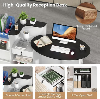 Tangkula Reception Desk, Front Counter Desk with Lockable Drawers, L Shaped Retail Counter with Oval Desktop, Checkout Computer Workstation for Salon Lobby Home Office