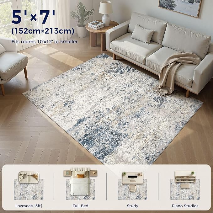 Area Rug Living Room Rugs - 5x7 Abstract Large Soft Indoor Washable Rug Neutral Modern Low Pile Carpet for Bedroom Dining Room Farmhouse Home Office - Beige Blue