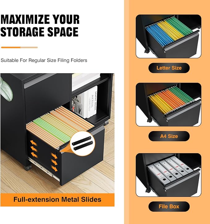Storage Filing Cabinets Office Drawers Rolling File Cabinet Printer Stand Lateral Mobile Under Desk Organizer Lateral Filing Cabinet with Wheels Adjustable Shelves Printer Table for Home Office Black