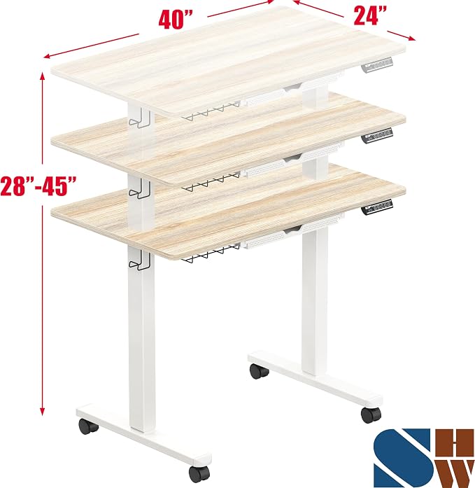 SHW 40-Inch Mobile Electric Height Adjustable Sit to Stand Desk with Drawer, Hanging Hooks and Cable Management, Maple