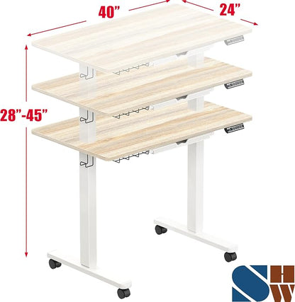 SHW 40-Inch Mobile Electric Height Adjustable Sit to Stand Desk with Drawer, Hanging Hooks and Cable Management, Maple