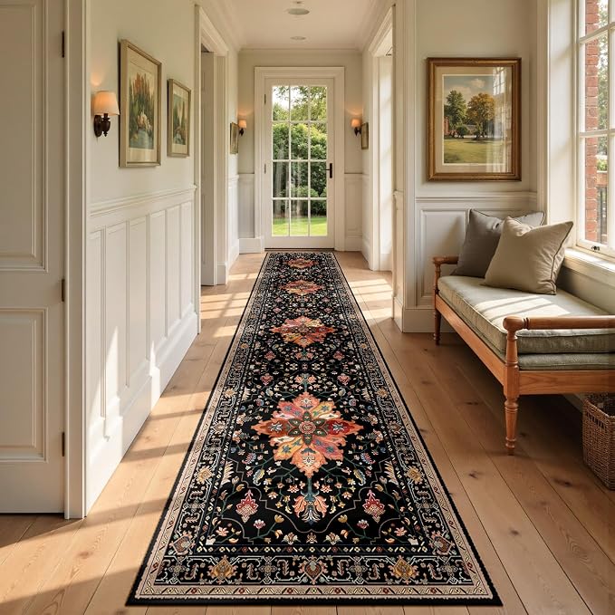 RELEANY Area Rugs Runner 2'6"x12' Washable Non-Slip, Floral Vintage Distress Medallion Carpet for Kitchen Hallway Bedroom Beside Laundry Room Bathroom, Black Colorful Floral Dark Tan