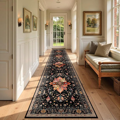 RELEANY Area Rugs Runner 2'6"x10' Washable Non-Slip, Floral Vintage Distress Medallion Carpet for Kitchen Hallway Bedroom Beside Laundry Room Bathroom, Black Colorful Floral Dark Tan