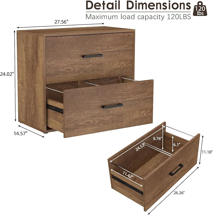 Lateral File Cabinet, Home Office Printer Stand, 2 Drawer Filing Cabinets, Large Wood Filing Cabinet for Hanging Files/Letter Size, Brown