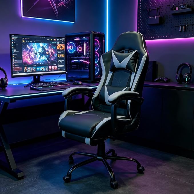 Gaming Chair, Ergonomic Computer Chair with Footrest and Lumbar Support, Height Adjustable Video Game Chair with 360° Swivel Seat and Headrest for Office, Home, Streaming and Gaming (Grey)