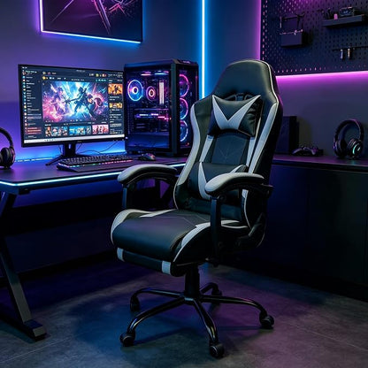 Gaming Chair, Ergonomic Computer Chair with Footrest and Lumbar Support, Height Adjustable Video Game Chair with 360° Swivel Seat and Headrest for Office, Home, Streaming and Gaming (Grey)